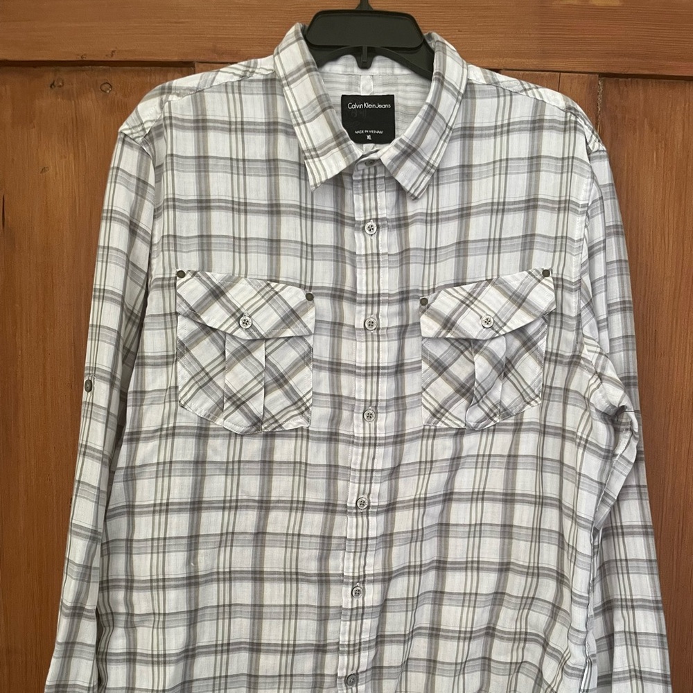 Calvin Klein Jeans White and Gray Checkered Shirt Size XL